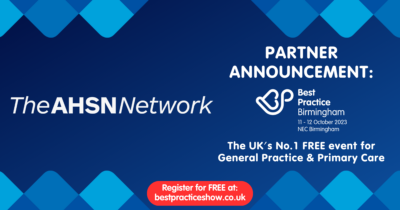Blue social media card which advertises The AHSN Network is a partner at the Best Practice Show which is taking place on 11 - 12 October at the NEC, Birmingham