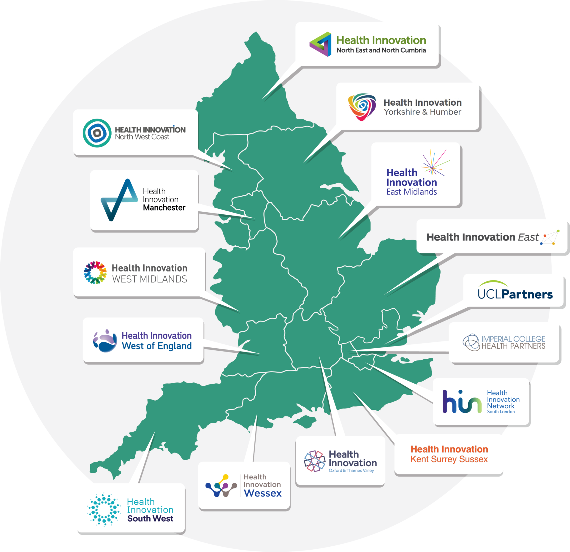 Outline map of England, split into regional areas to indicate which Health Innovation Network organisation operates in that area; a list of the Health Innovation Networks accompanies this image for those unable to visually see the map or are using assistance tools.
