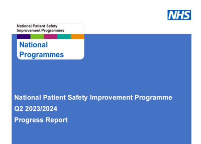 Cover of the National Patient Safety Improvement Programme 2023/2024 quarter 2 progress report. Plain NHS-blue background with white text and the NatPatSIP colour bar at the top left and NHS logo at top right corner.