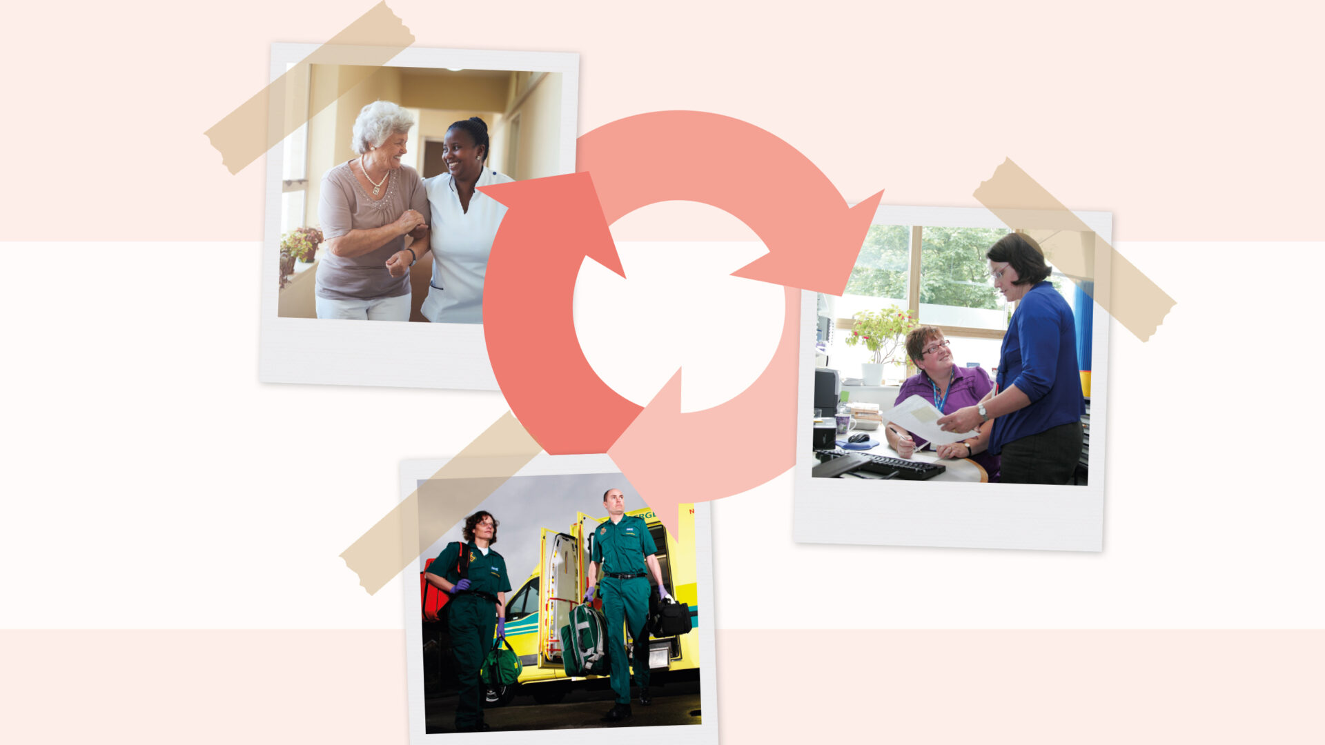 A collection of images showing staff and patients interacting in various care settings for example care homes.