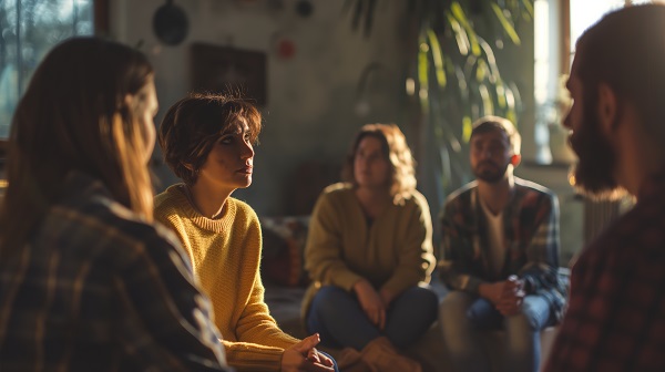 A small group of people sat in a circle looking as though they are having a serious discussion