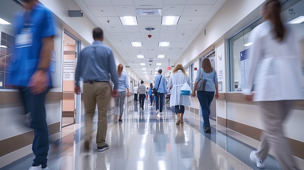 A group of people walking down a long hospital corridor with their backs to the camera. The image is blurred with gives the illusion they're in a rush.