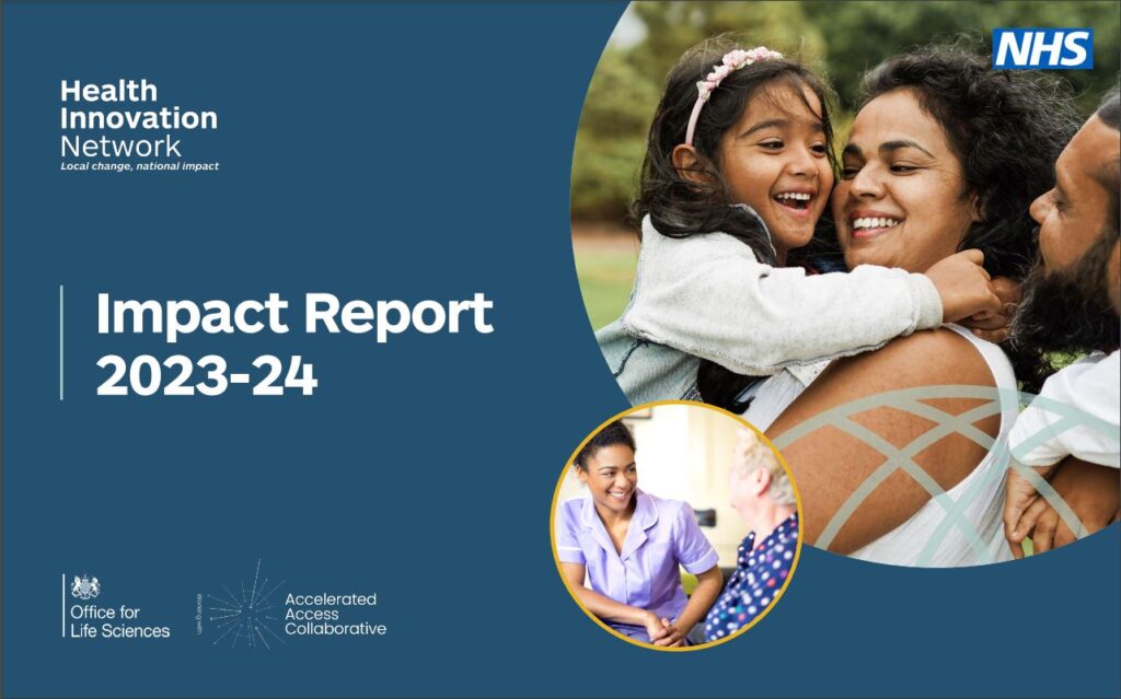 Image shows the cover of the Impact Report. Text reads Impact Report 2023-24. An image shows a woman smiling and holding a child. Another smaller image shows a women in healthcare clothing smiling at a patient.