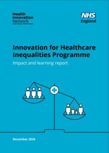 The front cover of a report document with text reading Innovation for Healthcare Inequalities Programme, on a bright blue background, with a simple image of some weighing scales, indicating unbalanced weighting